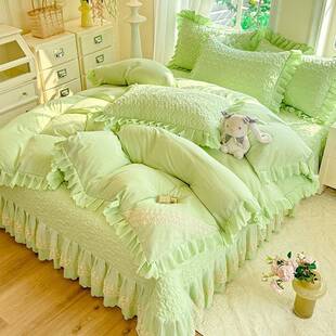 花夕云朵棉蕾丝花边床盖四件套可机洗四季通用加厚床单床用品