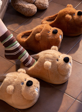 卡通棉拖鞋女爱土拨鼠居家室内加绒防滑保暖情侣毛毛棉拖鞋男士