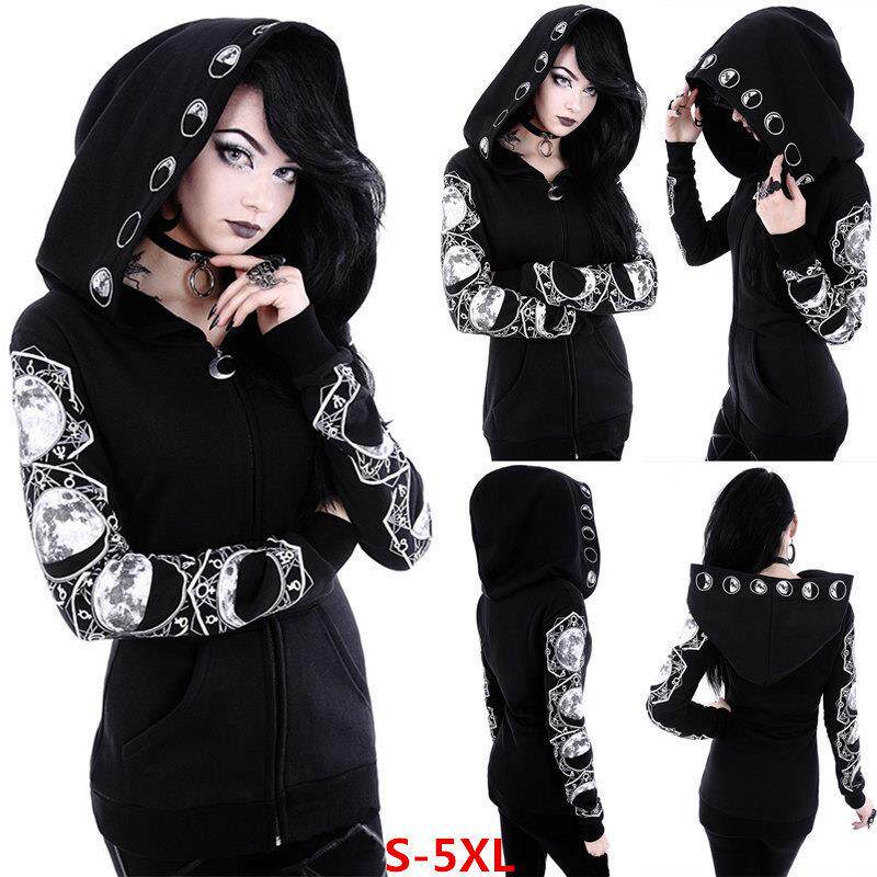 Black Peng hooded moon print long sleeved hoodie for