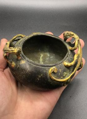 仿古古玩杂项 黄铜做旧笔洗 铜烟灰缸摆件 鎏金双貔貅铜笔洗