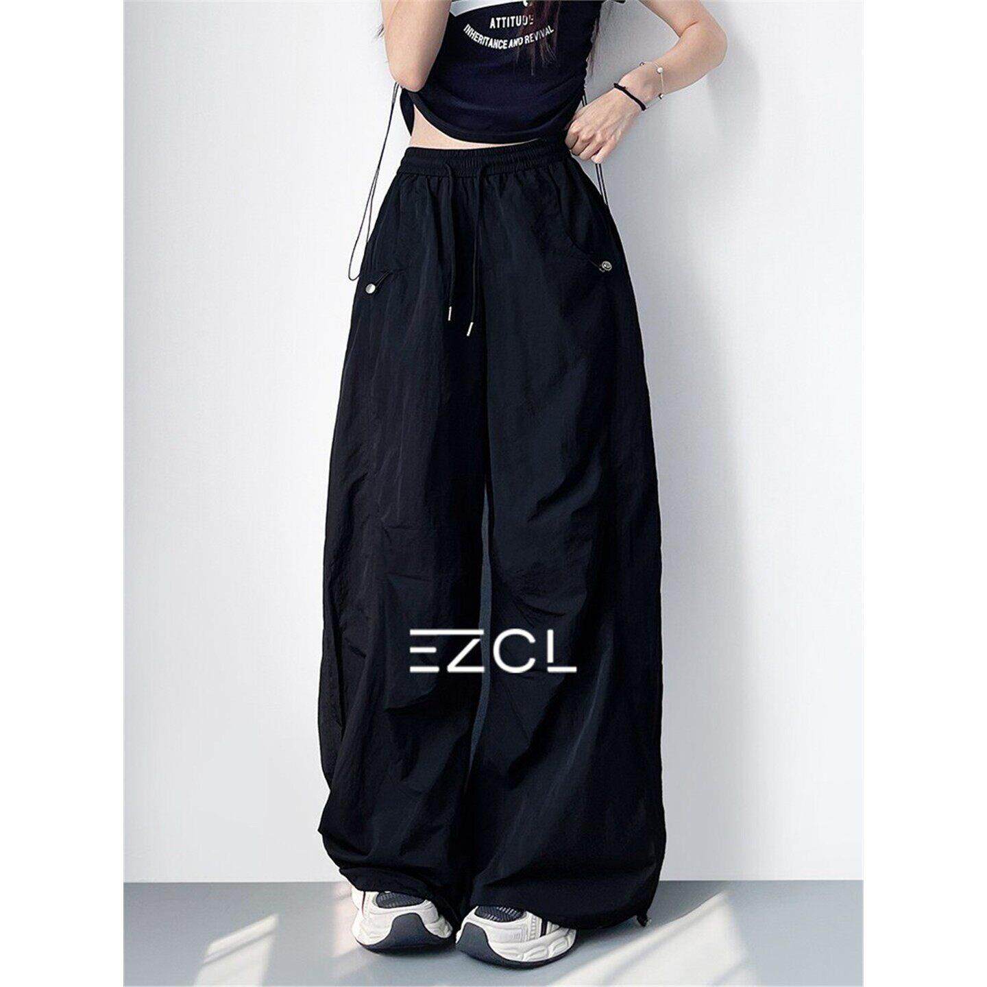 EZCL 大码冰丝速干微褶轻薄工装裤女夏宽松显瘦松弛感运动阔腿裤