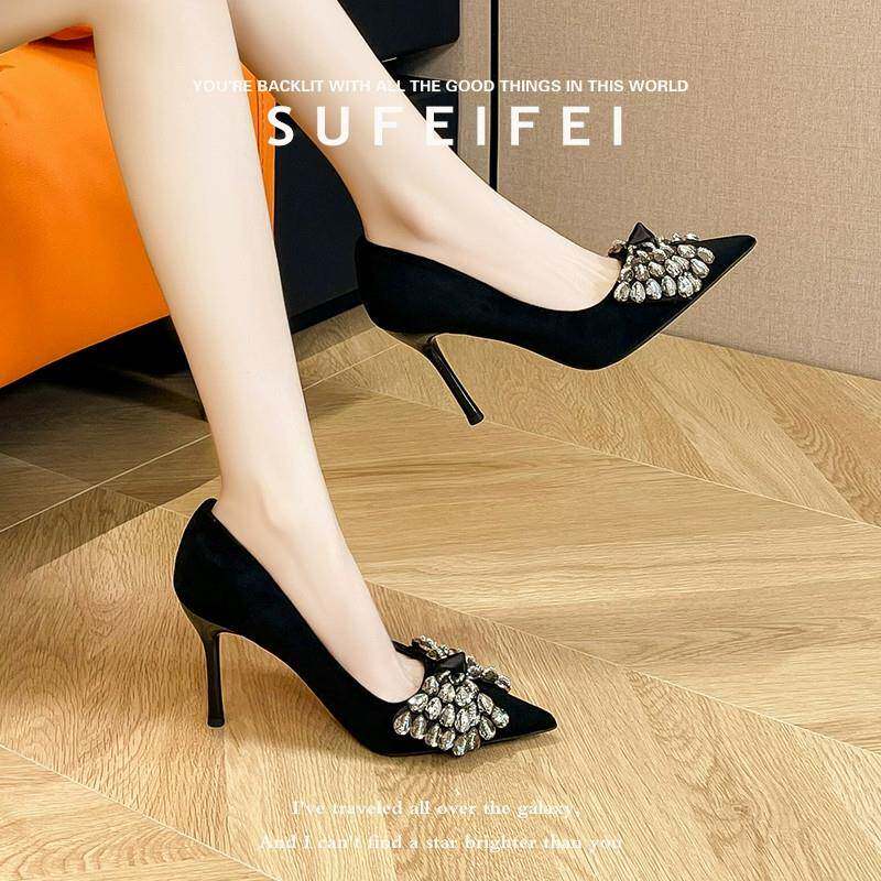 QVU-专柜品质！尖头蝴蝶结性感高跟鞋女细跟气质百搭优雅职业单鞋