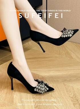 QVU-专柜品质！尖头蝴蝶结性感高跟鞋女细跟气质百搭优雅职业单鞋