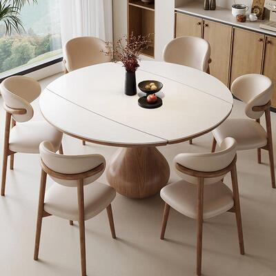 中古风岩板实木伸餐桌型可缩折叠饭ZZL桌家用小户原创木意桌方圆