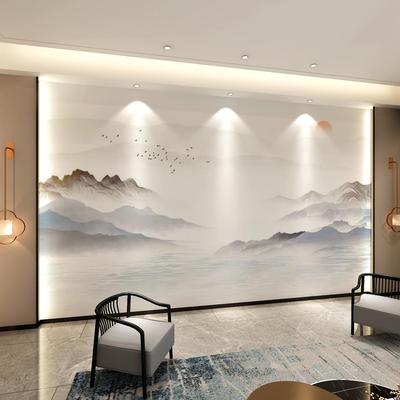 新中式电视背景墙立体3d贴画自粘意境水墨画沙发山水墙布书房装饰