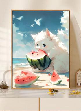 插画吃瓜猫咪装饰画房间卧室沙发儿童房壁画卡通客厅网红挂画