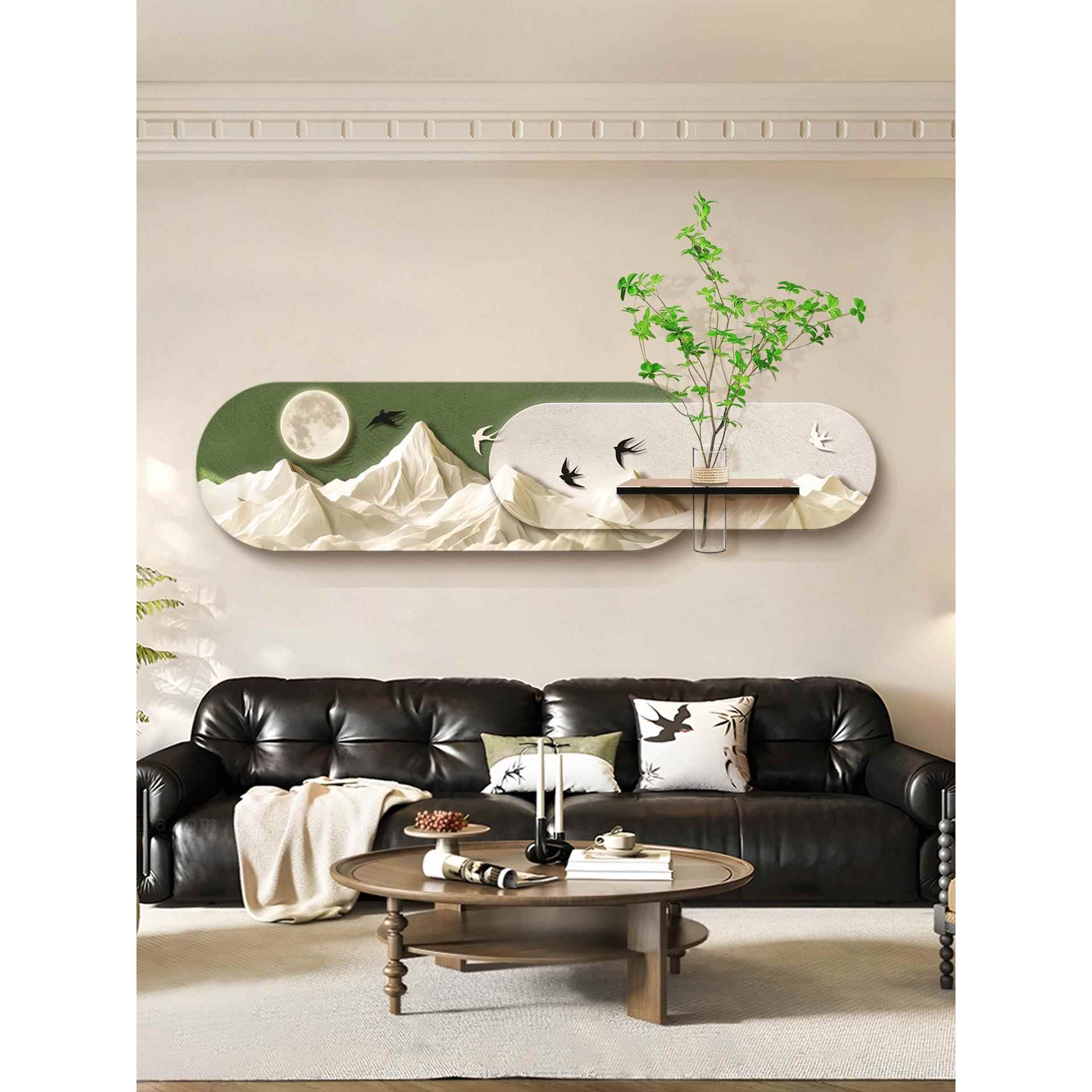 覆古奶油风客厅装饰画抽象山水沙发背景墙挂画高级感水培绿植灯画