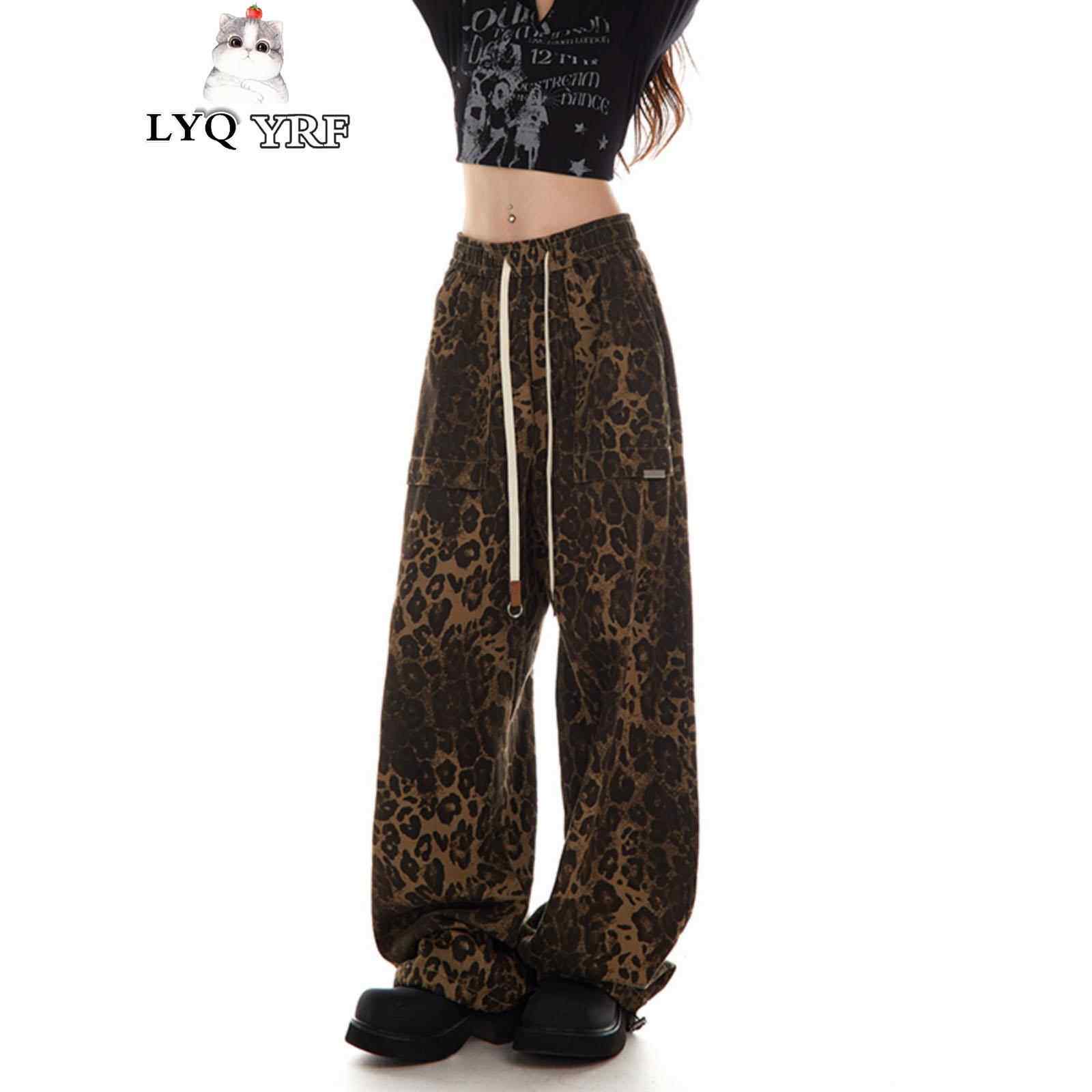 LYQ YRF豹纹裤子女工装裤美式覆古ins潮牌嘻哈街舞休闲宽松直筒裤