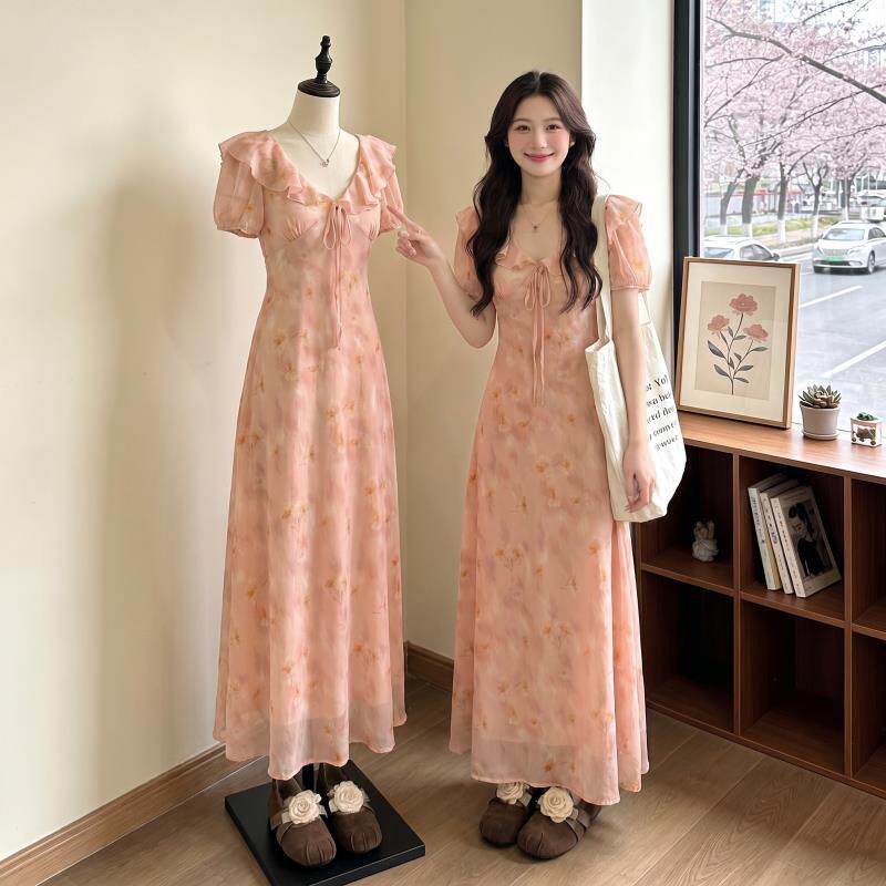 粉色荷叶边V领正肩碎花洋装2026夏新款大尺码胖mm绝美漂亮雪纺裙