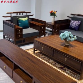 新中式实木沙发现代简约别墅客厅禅意乌金木真皮沙发中式榫卯家具