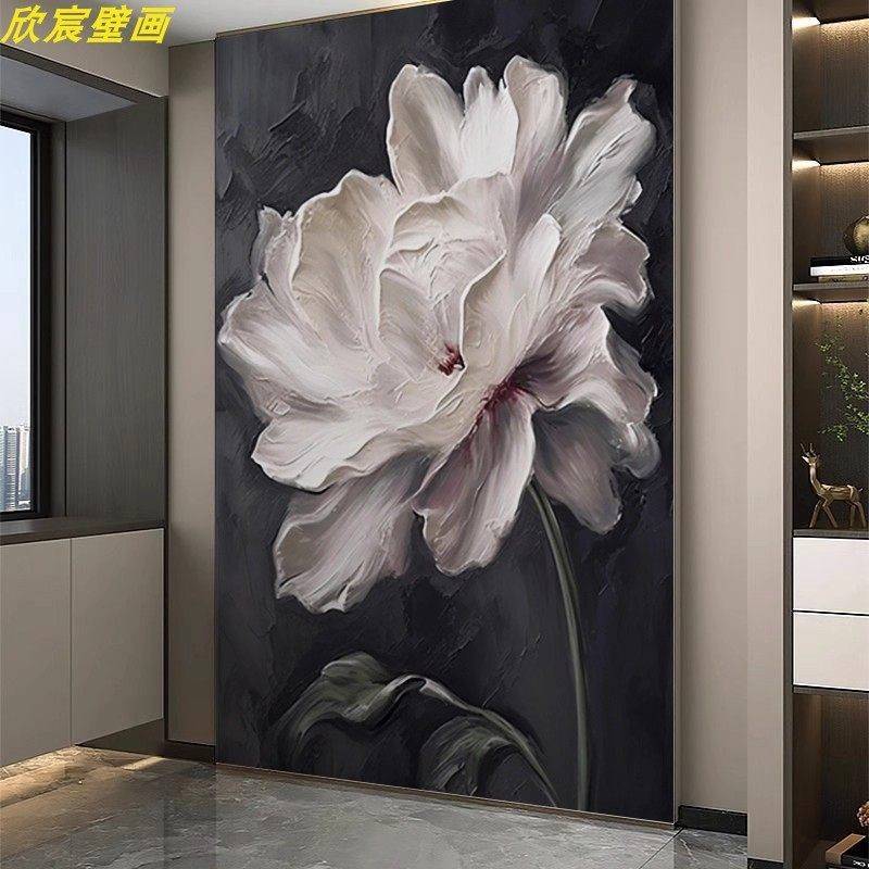 北欧抽象油画风浮雕墙布花卉壁纸高级感壁画肌理纹墙纸背景墙壁