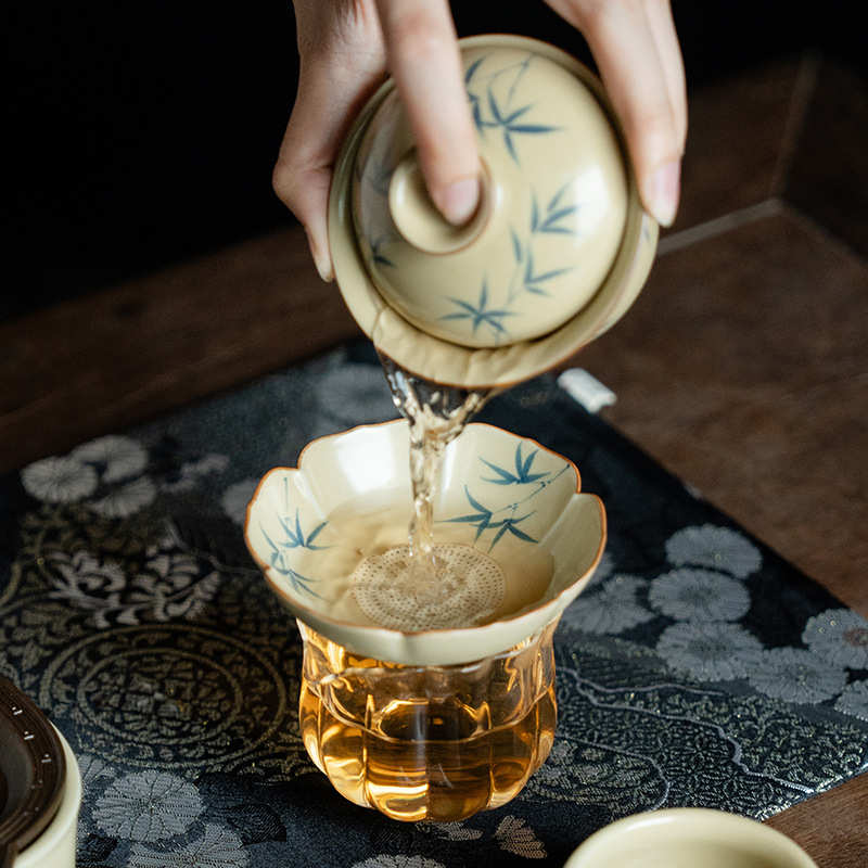 仿古蜜蜡黄纯手绘青竹花型茶滤组一体式陶瓷茶漏功夫茶道配件