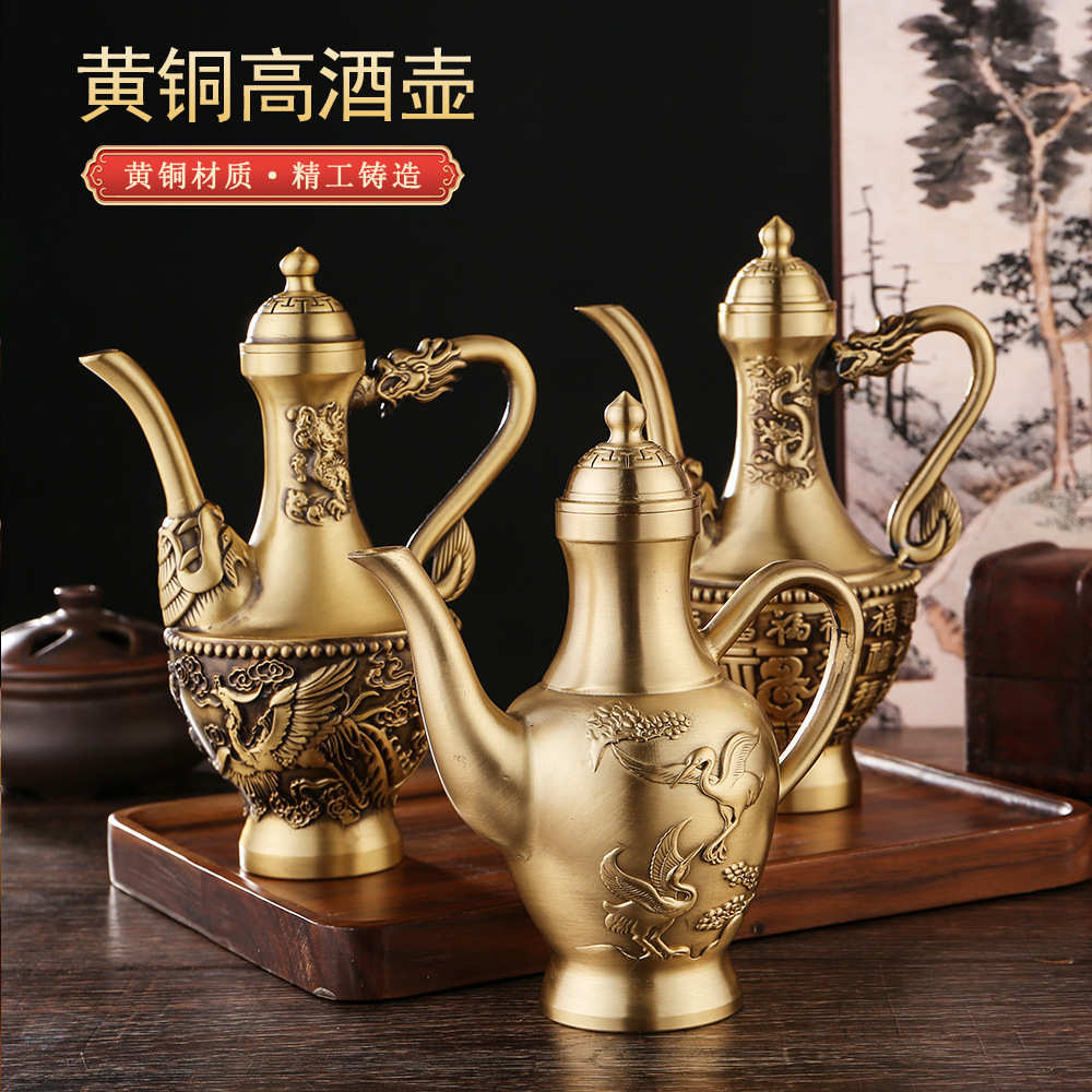纯黄铜精雕百福高酒壶餐厅宴会婚庆铜器摆件龙凤手把壶复古铜茶壶