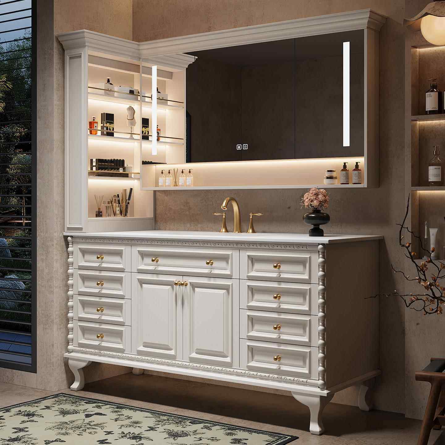 法式覆古浴室柜组合橡木岩板热弯一体卫生间洗漱台洗手脸盆落地式