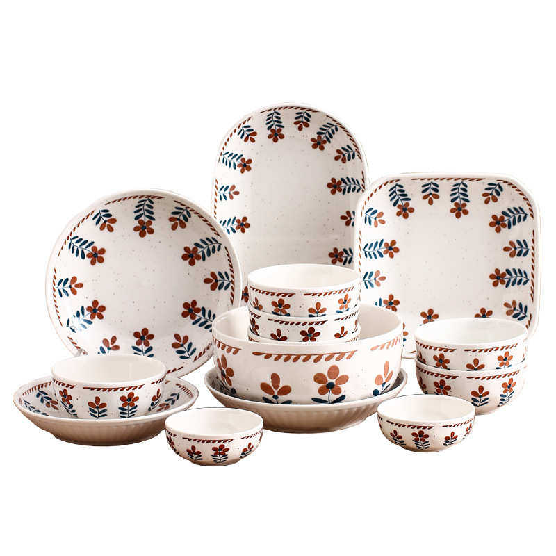 日式餐具筷陶网复古花瓷碗碗盘组合子全套套装家用创意  红盘碗碟