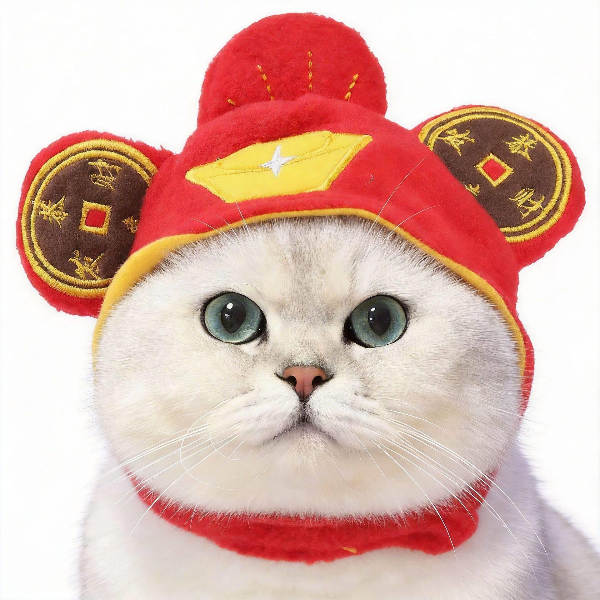 宠物猫咪财神帽子新年喜庆头饰冬季保暖可爱小型犬狗狗变装帽头套
