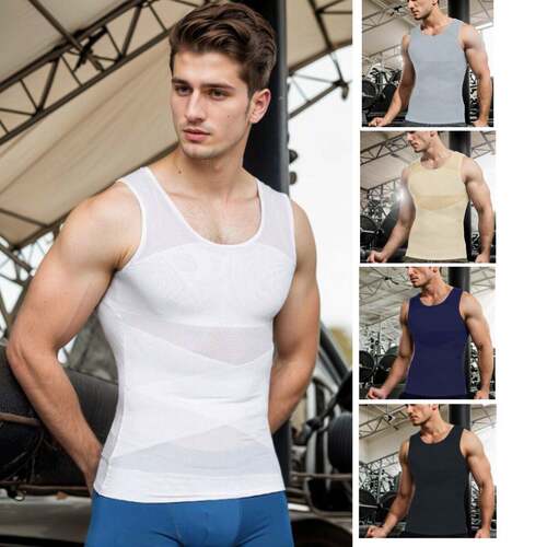Men's Contrast Mesh Round Neck Shapewear Tank Top, Compressi
