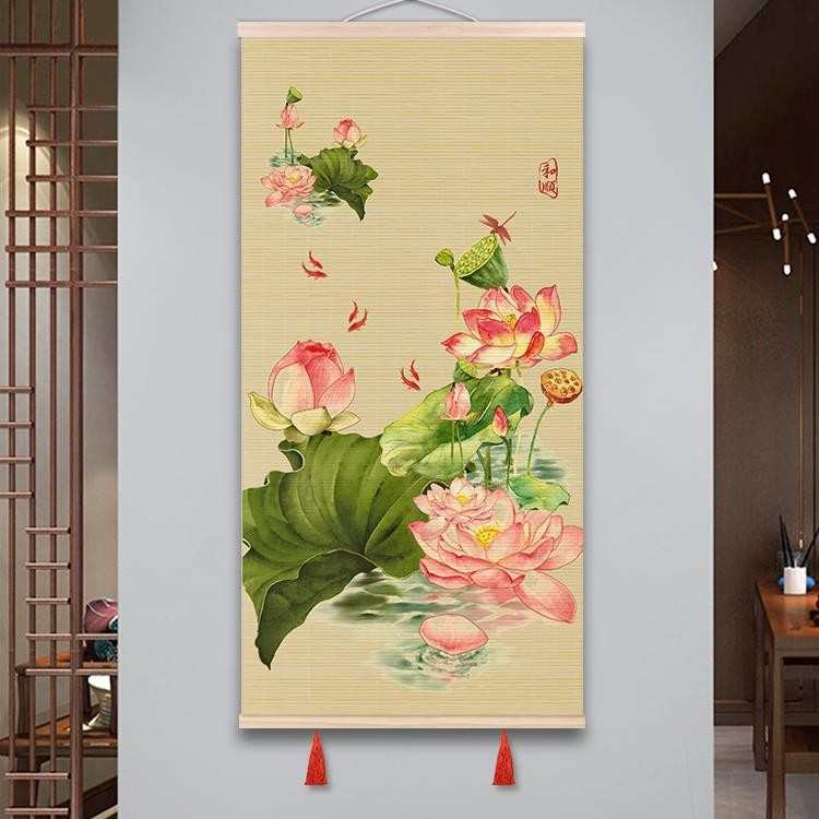 荷气满堂竹艺挂画荷花玄关竹帘装饰画卷轴竖版竹编墙面装饰品