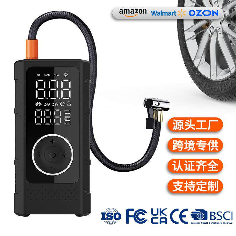 P020-2跨境便携式电子车载打气泵电动手持数显汽车充气泵无线数显