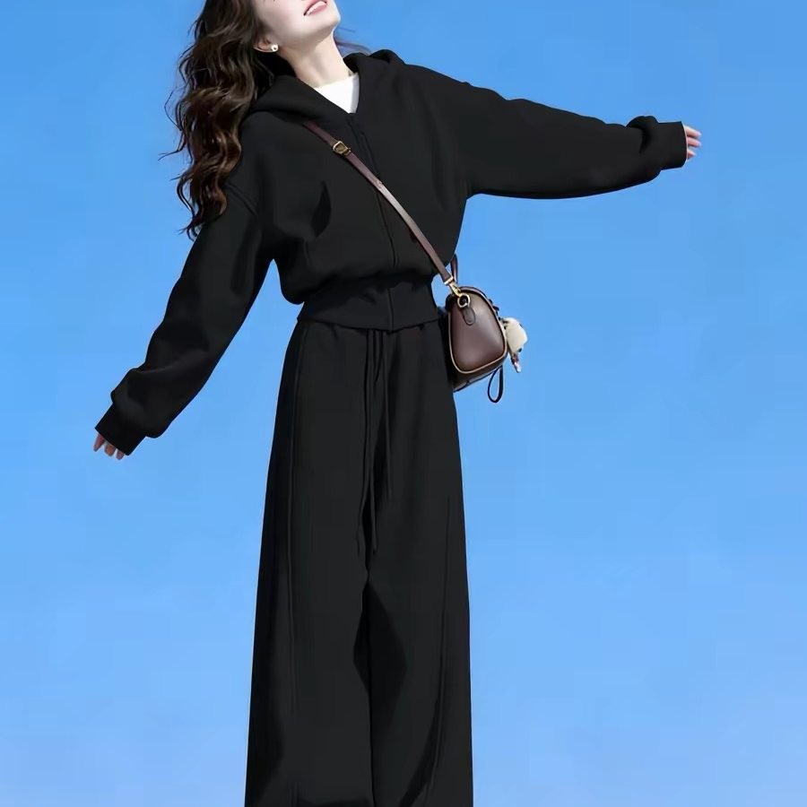 纯棉时尚运动服套装女春秋冬季学生连帽运动衫阔腿裤休闲两件式跑