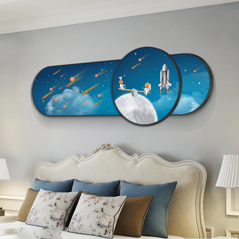 儿童房装饰画宇宙飞船创意个性墙画太空人男孩卧室床头圆形叠加画