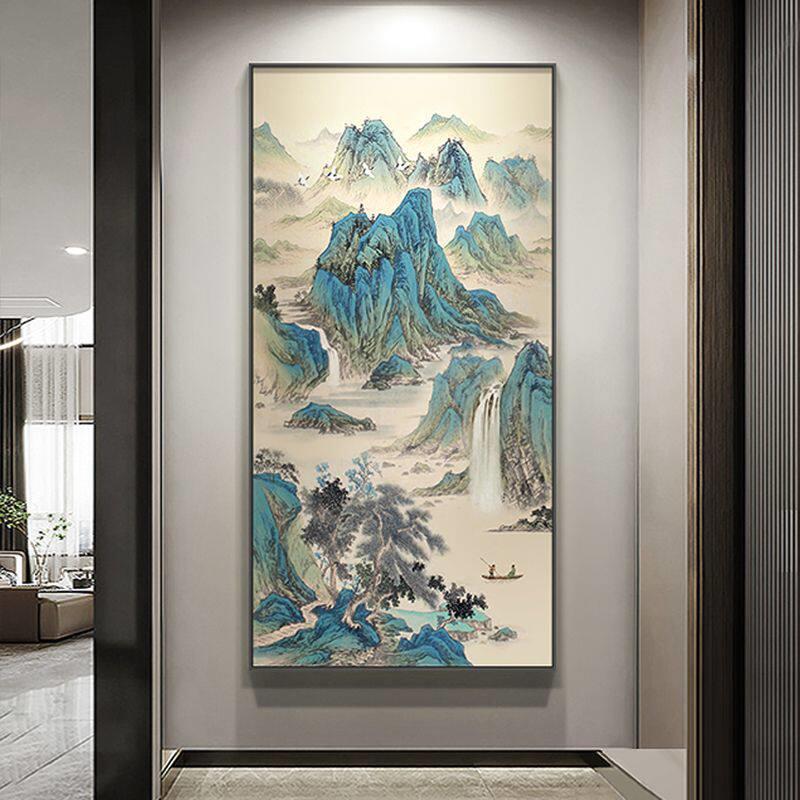 新中式玄关装饰画迎客松竖版国风走廊过道壁画大气背景墙山水挂画