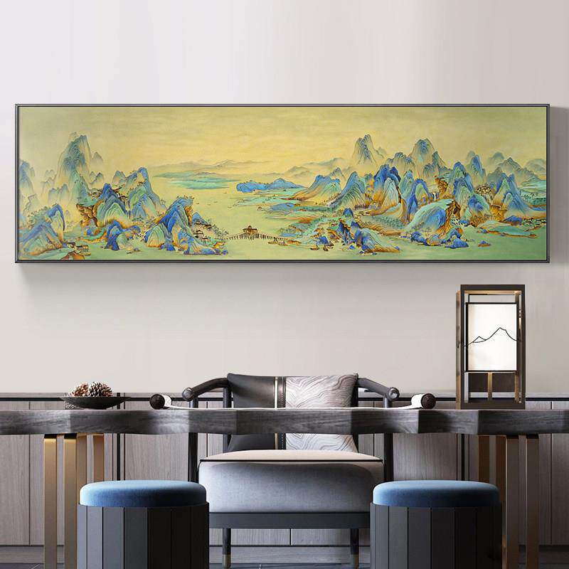 办公室字画金丝珐琅彩中国风千里江山图挂画新中式客厅手绘山水画
