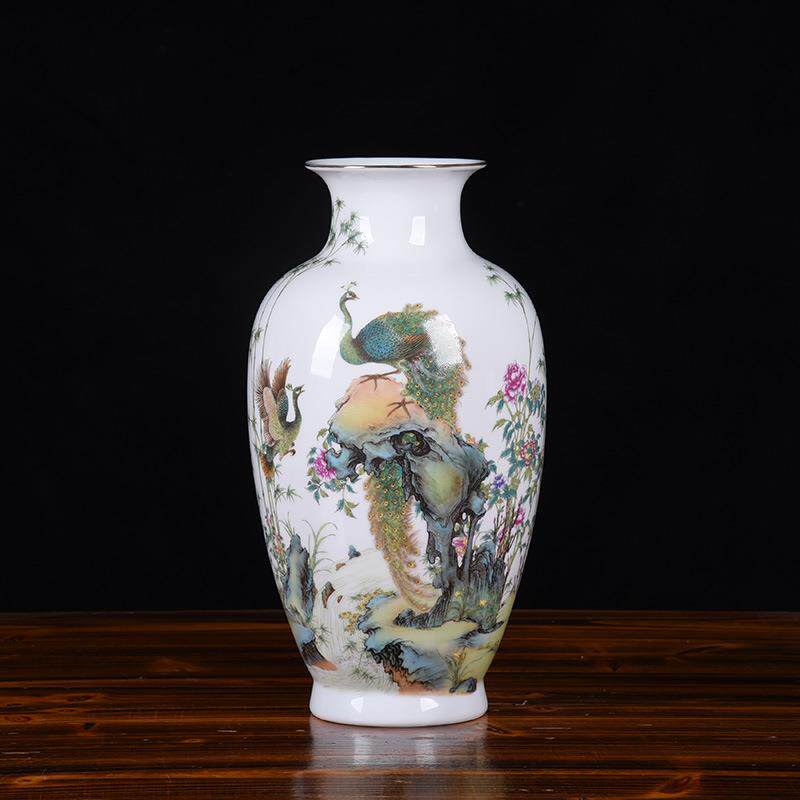 2024新款陶瓷摆件中式粉彩描金薄胎花瓶花鸟装饰品插花工艺品