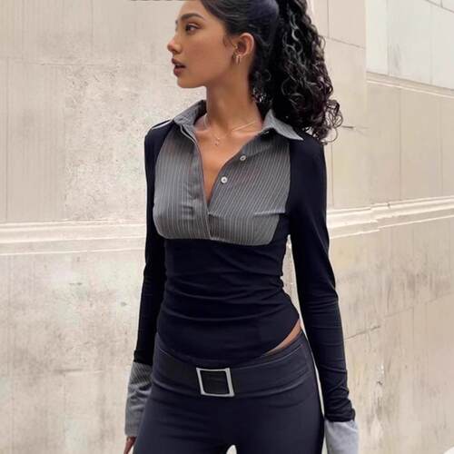 Women Pinstripe Patchwork Long Sleeve Crop Top Collared V
