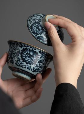 青汝青花缠枝莲盖27965天碗仿古陶瓷盖碗大号单个三缠才泡茶枝莲