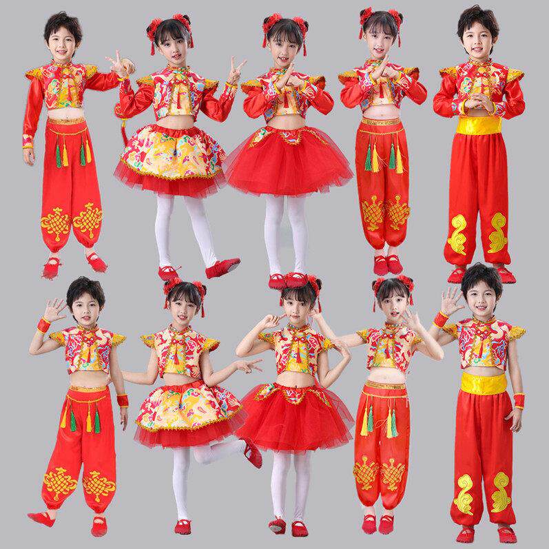 六一儿童喜庆打鼓服说唱中国红表演秧歌幼儿园蓬蓬裙民族舞蹈服装