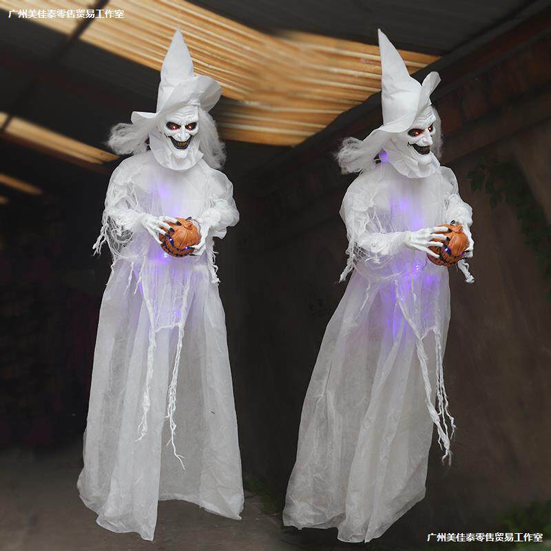 万圣节大巫婆电动感应发声装饰品道具剧本杀鬼屋密室摆件扫把女巫