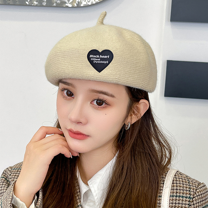 秋冬季新款针织羊毛女士蘑菇帽户外休闲日系甜美爱心毛线贝雷帽子
