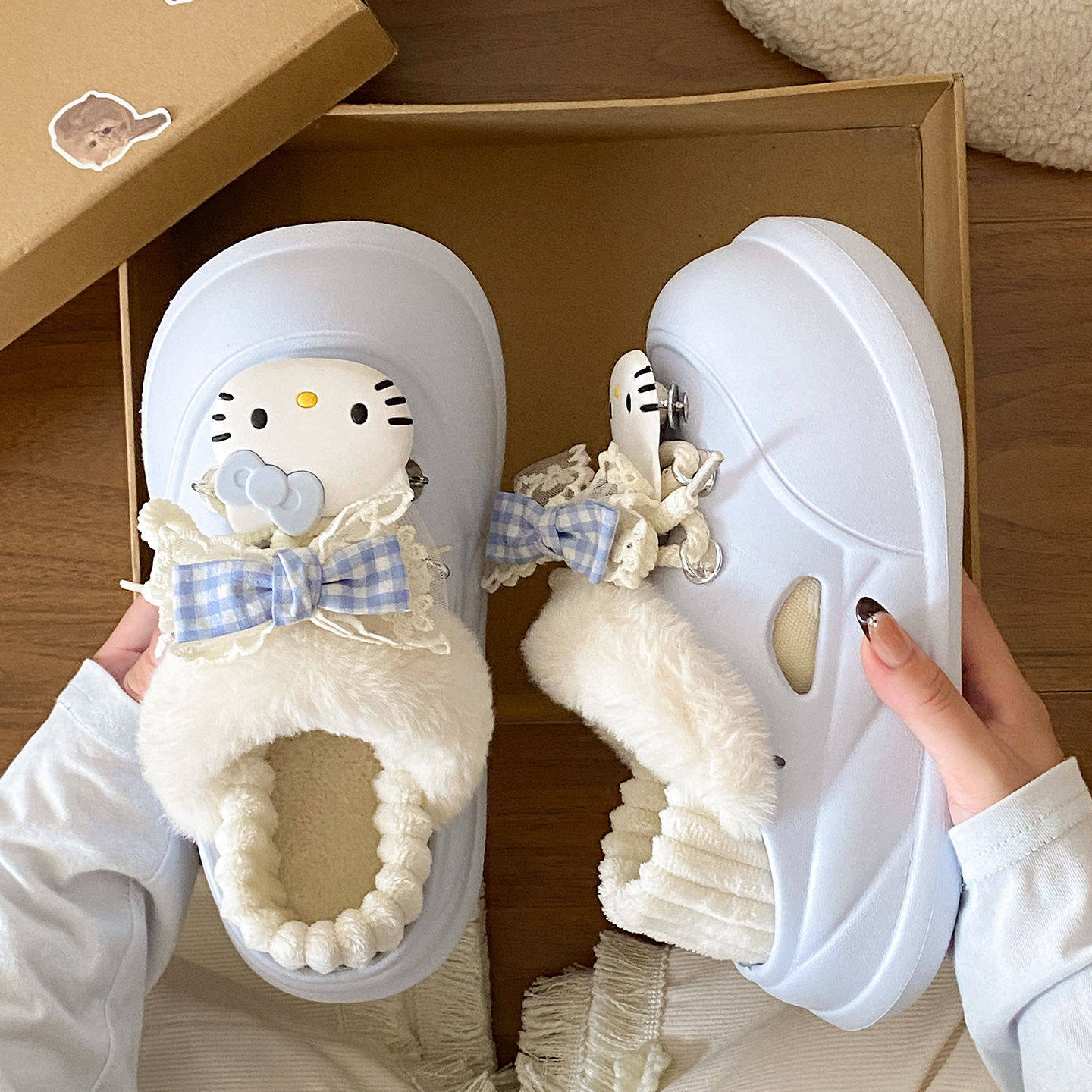 拆卸甜美蝴蝶结小猫冬季加绒保暖百搭EVA厚底包跟外穿棉拖鞋女