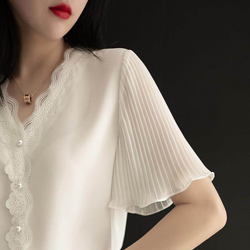 白色雪纺衬衫女式短袖2025新夏季宽松时尚小衬衫v领优雅蕾丝上衣
