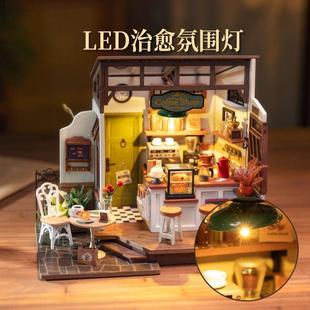 模型别墅积木礼物 若来咖啡店diy小屋贝卡面包店手工房子木质拼装