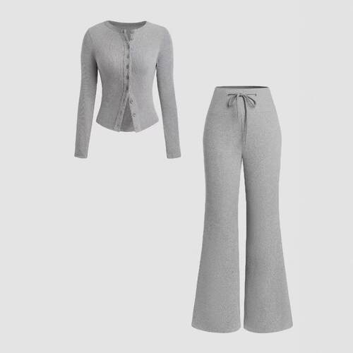 Women'S Two-Piece Set Solid Color Button Front Ribbed Short