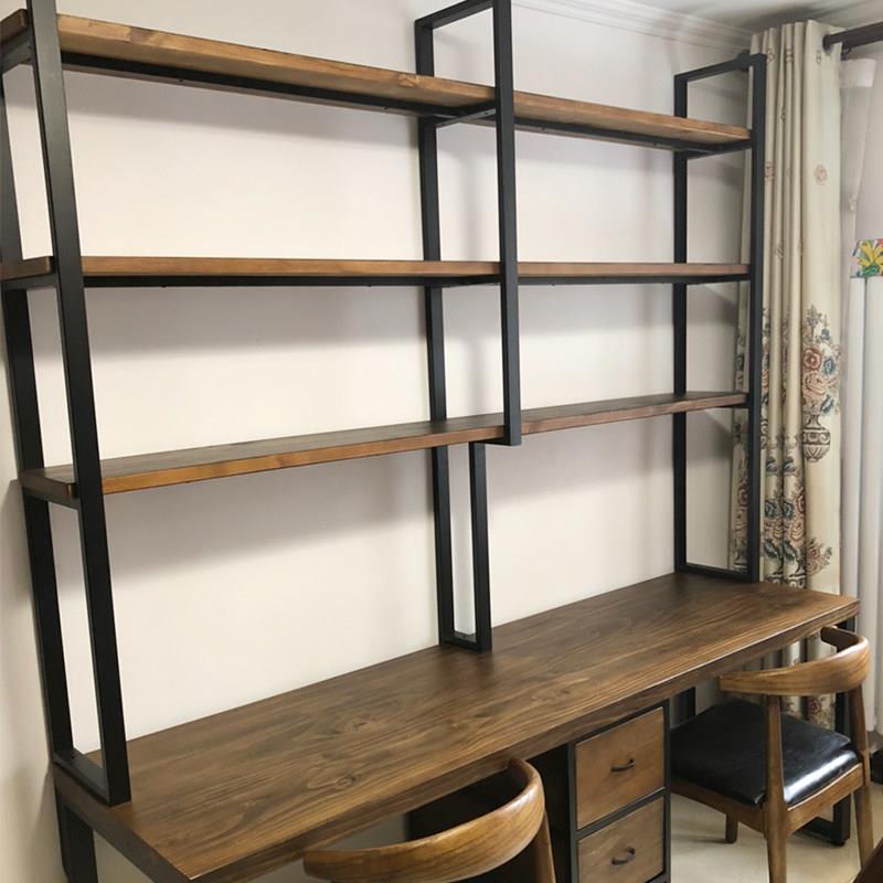 书桌书架一体桌组合loft实木工业风家用双人书柜电脑书桌一体桌