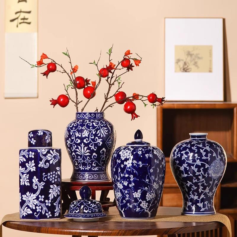 浓青花瓷花瓶复古仿古花器花插中式陶罐插花摆件储物罐