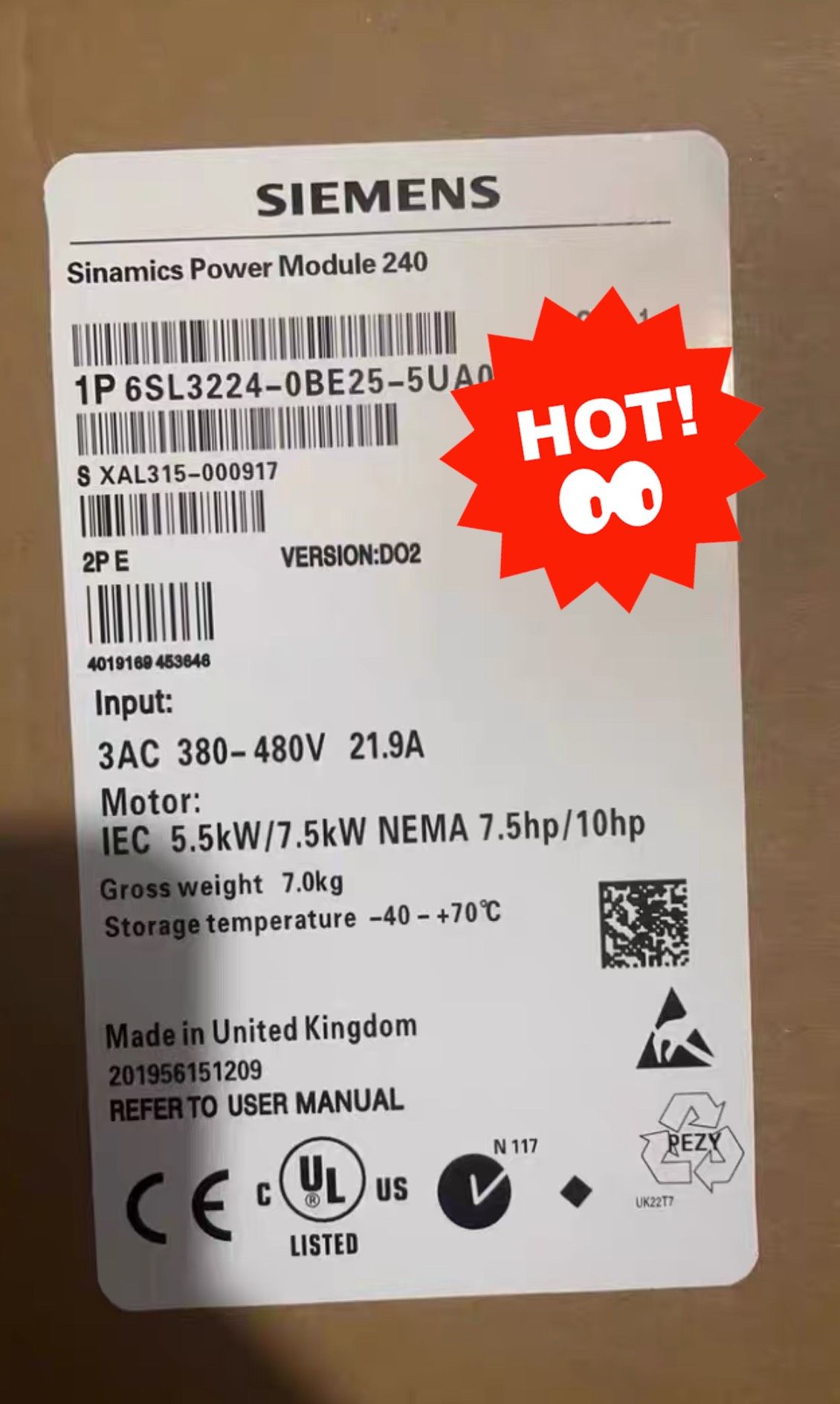 西门子6SL3224-0BE25-5UA0变频器