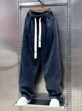 Mostarsea~美式潮牌卫裤男士宽松直筒百搭覆古做旧黑色运动休闲裤