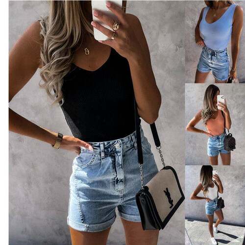 Women's Solid Ribbed Knit V-Neck Tank Top - Slim Fit Fashion