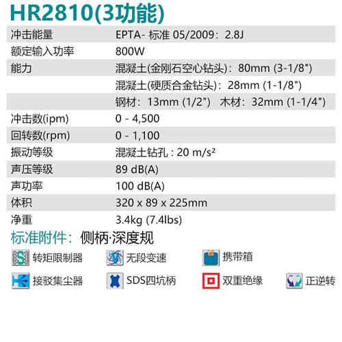 牧田HR2810电锤锤钻电镐 三功能冲击钻大功率220v800w混凝土28mm