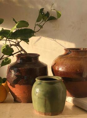 旧货侘寂风老陶罐覆古风花瓶插花花器中式民宿茶室装饰软装摆件