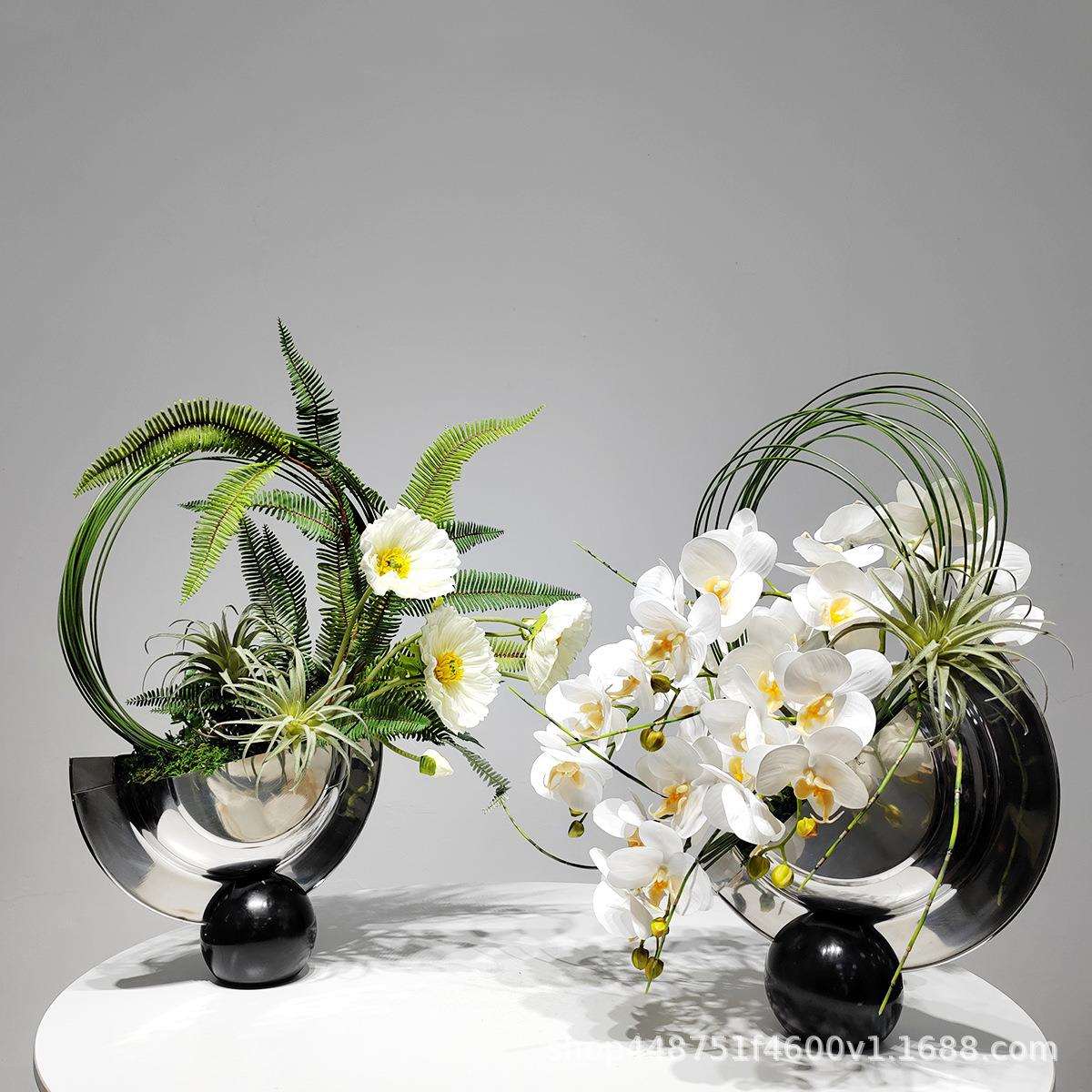 现代仿真花艺不锈钢花器客厅售楼处餐桌软装摆设假花工作装饰摆件
