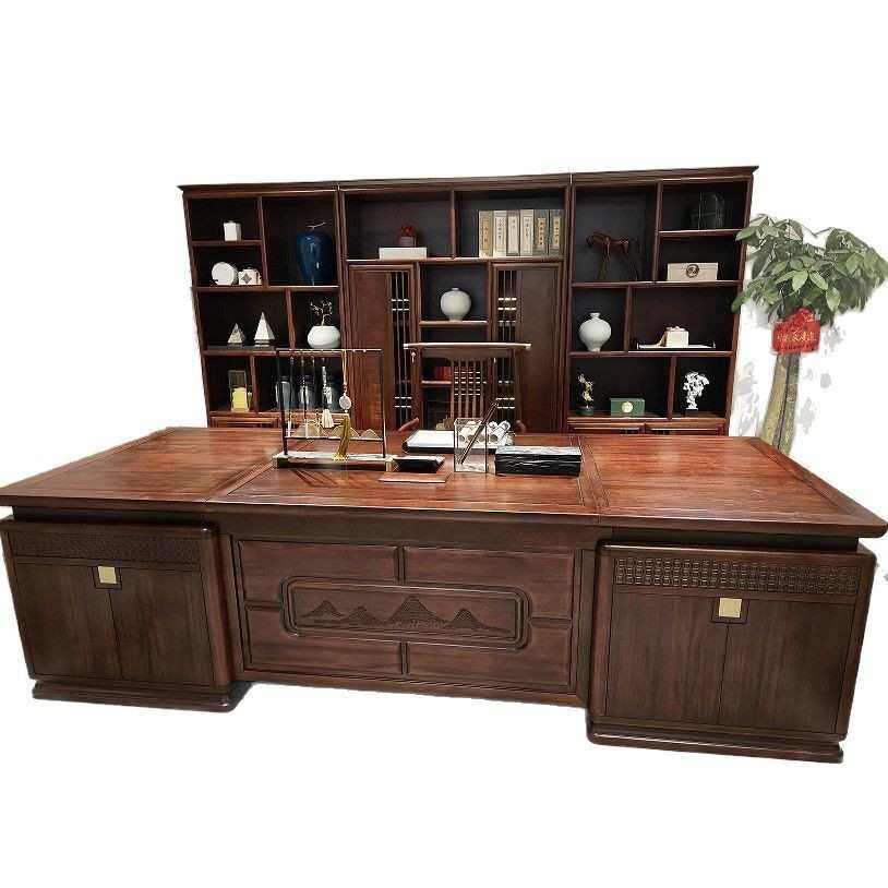 乌金木实木大班台老板桌董事长单人办公桌新中式实木书桌家具工厂