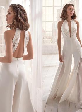 2020欧美新款女装亚马逊性感露背深V领挂脖白色连体裤阔腿长裤子