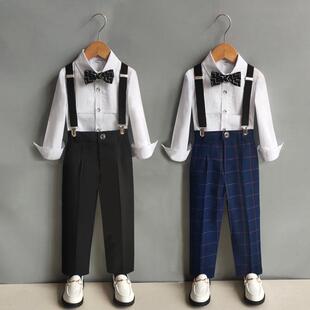 儿童背带领结礼服男童长袖长裤套装生日开学演出服装宝宝翻领衬衣