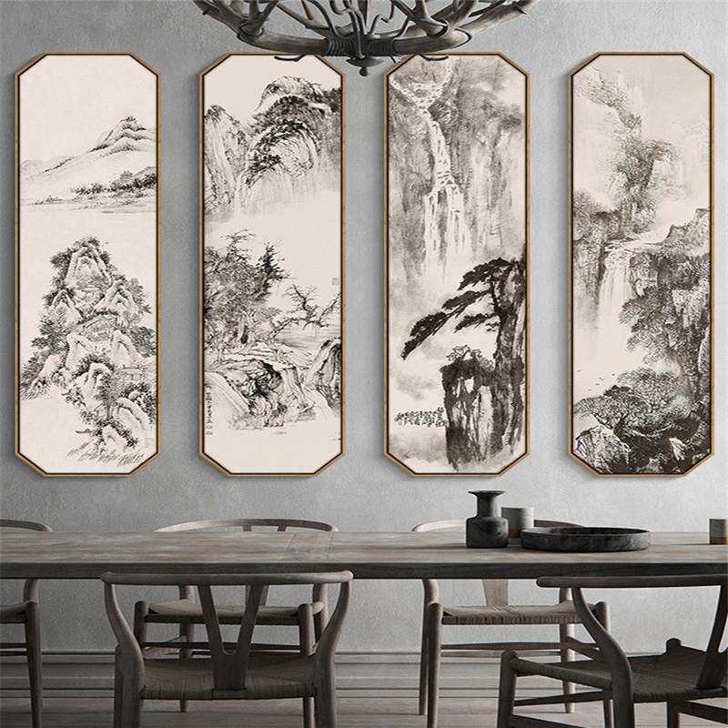 新中式客厅中堂装饰画水墨山水风景挂画四联画书房玄关壁画八边形