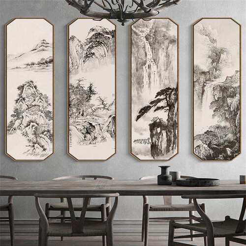 新中式客厅中堂装饰画水墨山水风景挂画四联画书房玄关壁画八边形